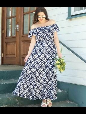 Chelsea & Theodore Navy and White One-Shoulder Ruffle Maxi Dress